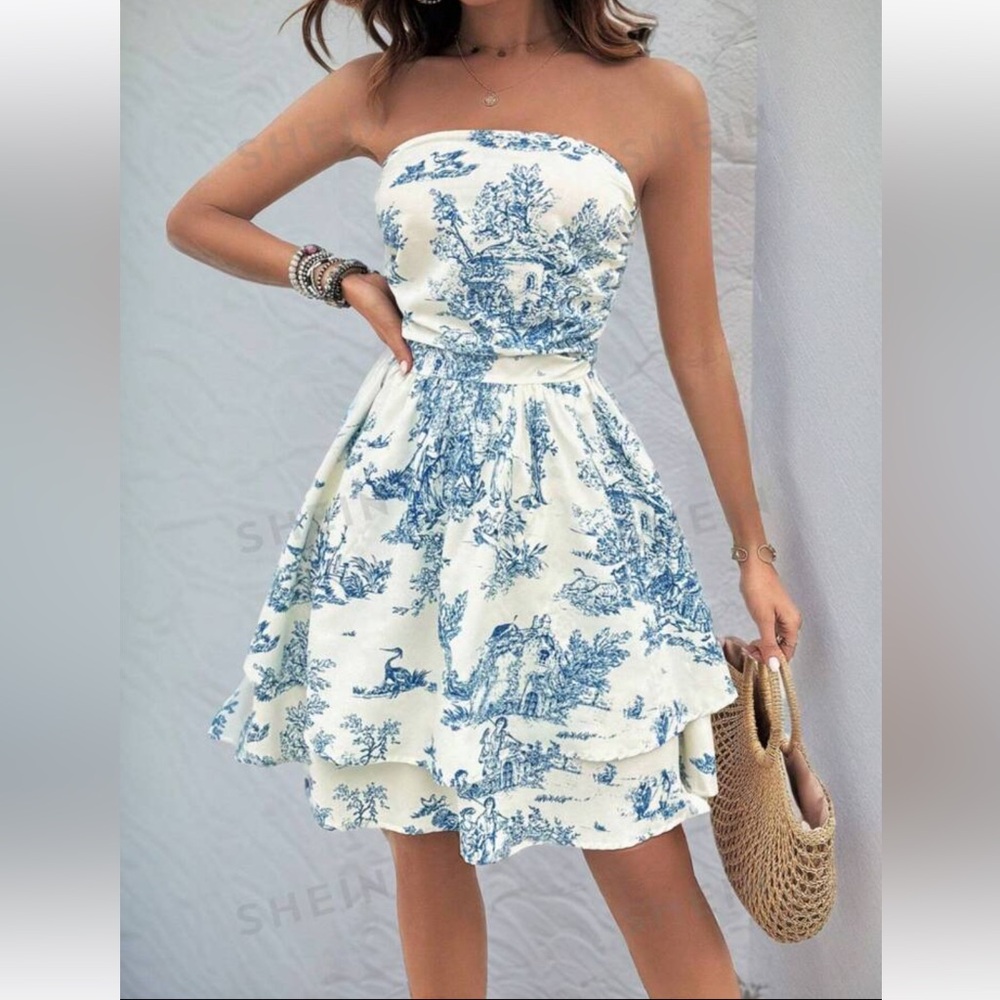 SHEIN Portrait Printed Strapless Dress, size XL(12)